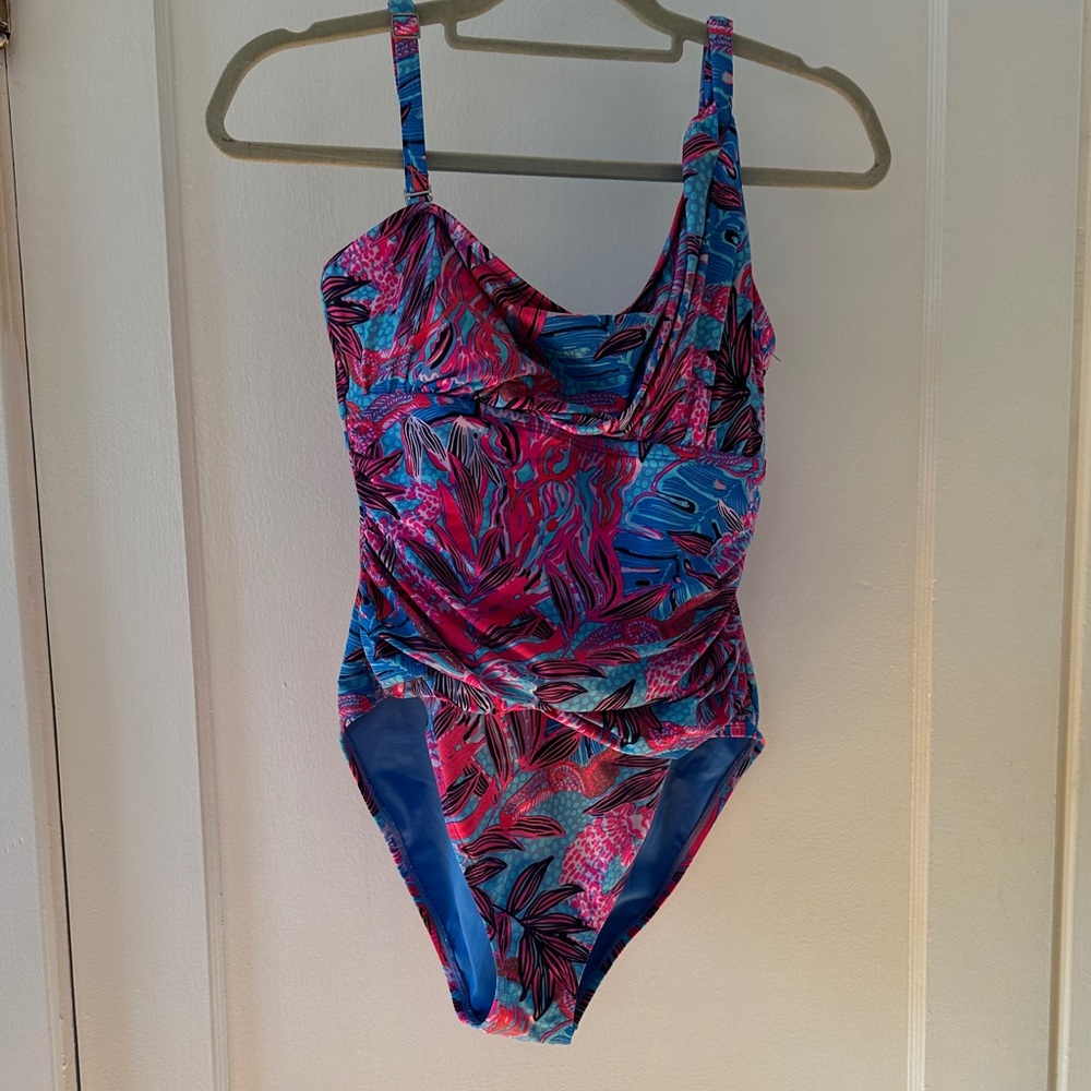Lilly Pulitzer Pink & Blue Tropical Flattering Rouched One-Piece Swimsuit 10